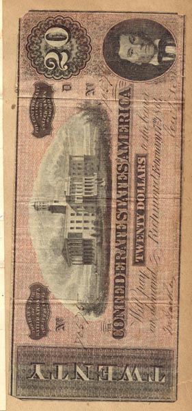 Confederate $20 bill from Grubb scrapbook